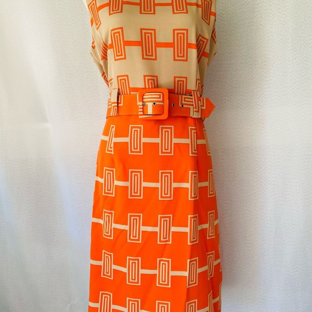 Orange Geometric Midi Dress with Belt